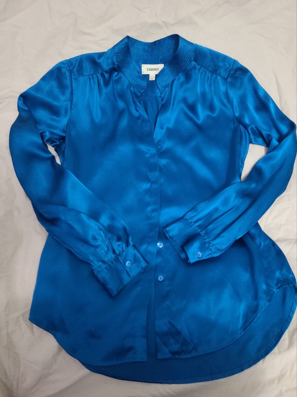 L'AGENCE BIANCA BANDED COLLAR SILK SHIRTTAIL HEM BLOUSE TOP XS EUC